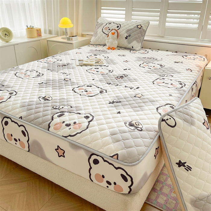 91家纺网 家纺一手货源 找家纺 【高克重加厚】雯豆 新品磨毛夹棉床笠印花水洗棉床笠三件套床垫保护罩 豆豆熊