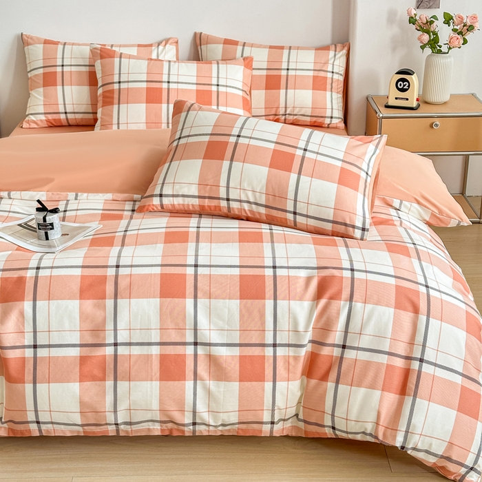 91家纺网 家纺一手货源 找家纺 柠馨 2025新款13372全棉印花四件套无印风系列 橙色大格