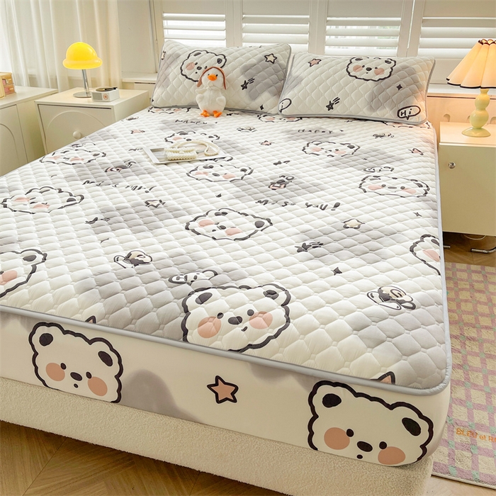 91家纺网 家纺一手货源 找家纺 【高克重加厚】雯豆 新品磨毛夹棉床笠印花水洗棉床笠三件套床垫保护罩 豆豆熊