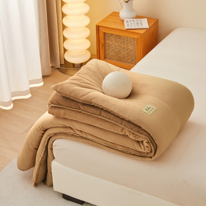 91家纺网 家纺一手货源 找家纺 牛魔王家居 2024新款双面牛奶绒加厚冬被被子被芯填充(白丝棉） 卡色+驼色