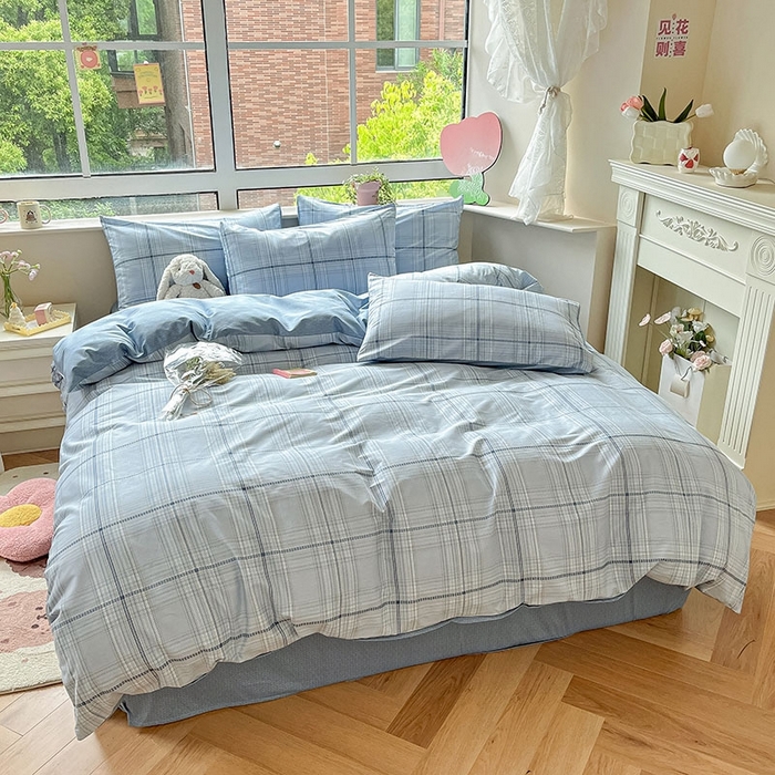 91家纺网 家纺一手货源 找家纺 柠馨 2025新款13372全棉印花四件套无印风系列 海蓝