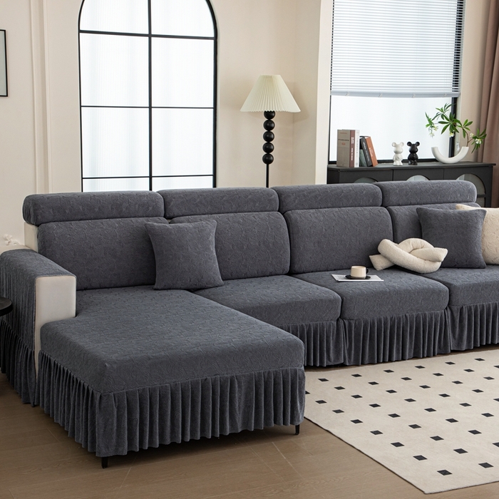 91家纺网 家纺一手货源 找家纺 沐沐家纺 2026新款小树叶裙边沙发笠 深灰