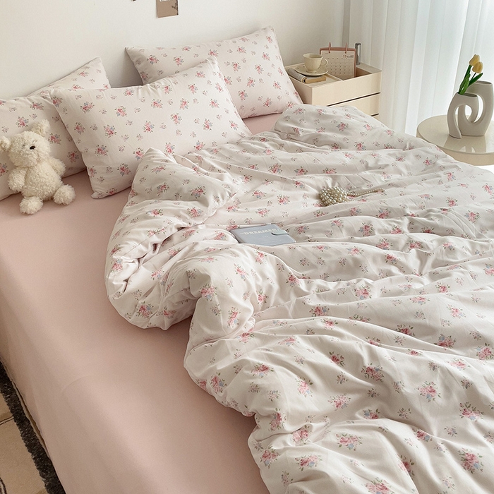 91家纺网 家纺一手货源 找家纺 尤米 2025新款有氧针织双层纱四件套 白桃夭夭