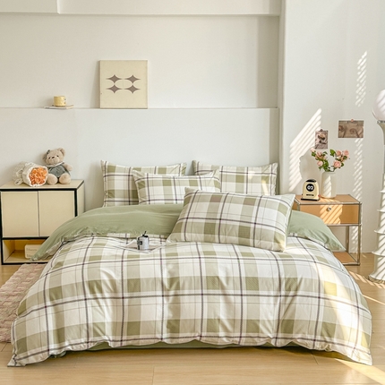 柠馨 2025新款13372全棉印花四件套无印风系列 清新绿格