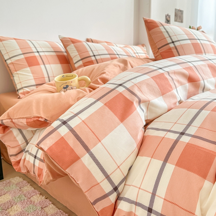 91家纺网 家纺一手货源 找家纺 柠馨 2025新款13372全棉印花四件套无印风系列 橙色大格