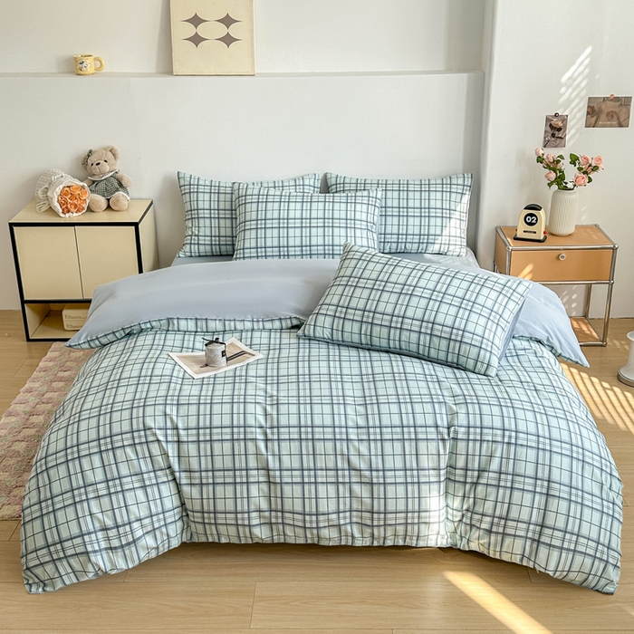 91家纺网 家纺一手货源 找家纺 柠馨 2025新款13372全棉印花四件套无印风系列 窗格绿