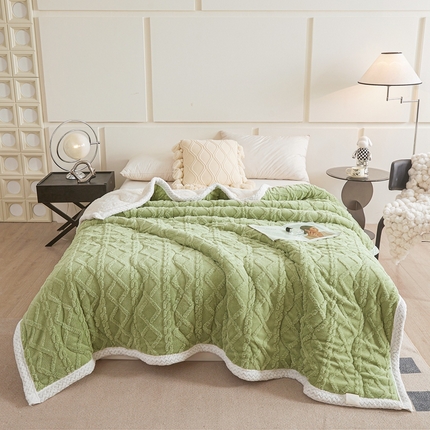 91家纺网 家纺一手货源 找家纺 雅萱家纺 2024新款塔芙绒毛毯 塔芙绒三层毯-果绿