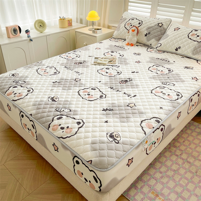 91家纺网 家纺一手货源 找家纺 【高克重加厚】雯豆 新品磨毛夹棉床笠印花水洗棉床笠三件套床垫保护罩 豆豆熊