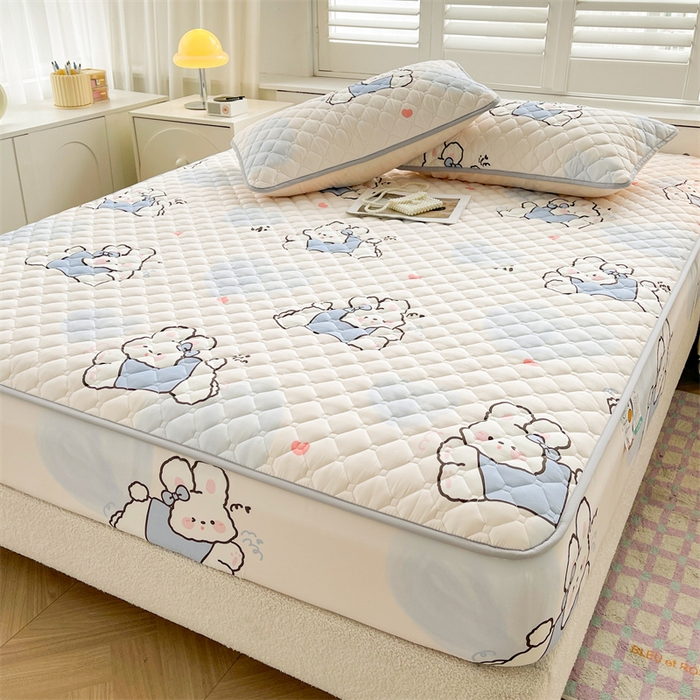 91家纺网 家纺一手货源 找家纺  【高克重加厚】雯豆 新品磨毛夹棉床笠印花水洗棉床笠三件套床垫保护罩 流氓兔