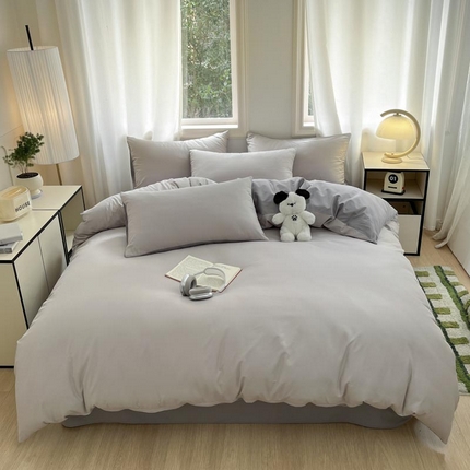 泽西家纺+V17798841158发大图 2025新品A类加密全棉40支13376简约风双拼纯色纯棉四件套单被套枕套三件套 浅灰+深灰