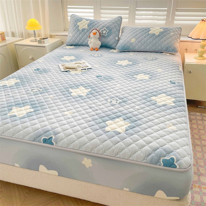 91家纺网 家纺一手货源 找家纺 【高克重加厚】雯豆 新品磨毛夹棉床笠印花水洗棉床笠三件套床垫保护罩 星光灿烂