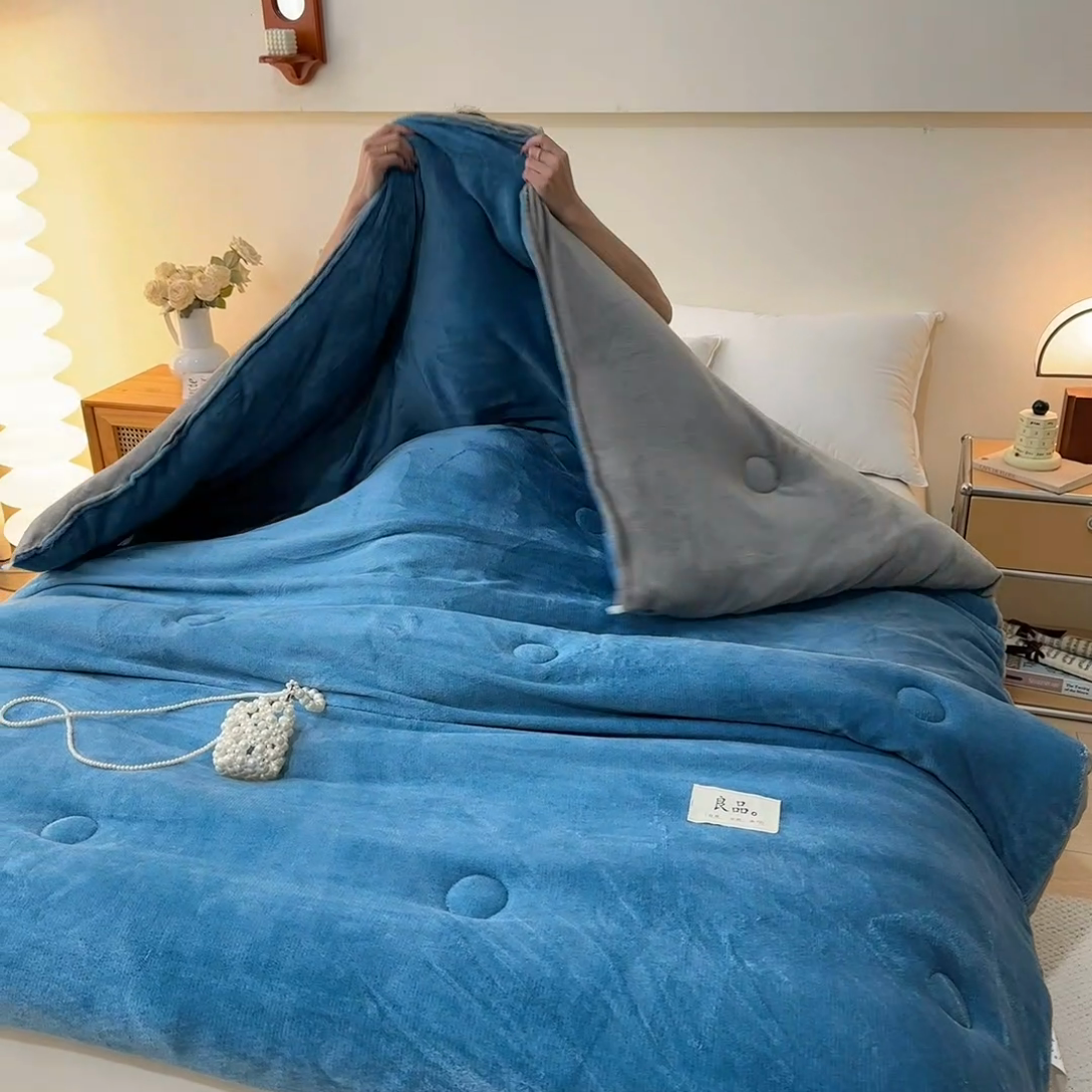 91家纺网 家纺一手货源 找家纺 牛魔王家居 2024新款双面牛奶绒加厚冬被被子被芯填充(白丝棉） 蓝+灰
