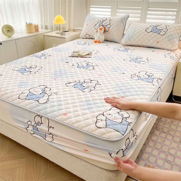 91家纺网 家纺一手货源 找家纺  【高克重加厚】雯豆 新品磨毛夹棉床笠印花水洗棉床笠三件套床垫保护罩 流氓兔