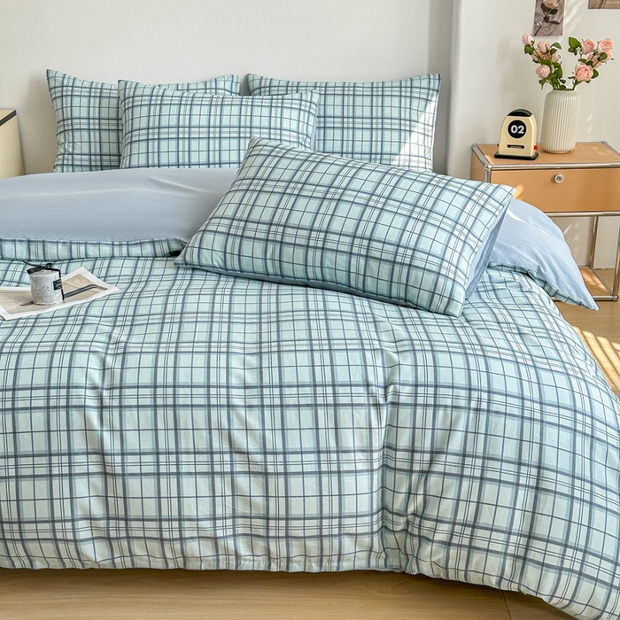 91家纺网 家纺一手货源 找家纺 柠馨 2025新款13372全棉印花四件套无印风系列 窗格绿