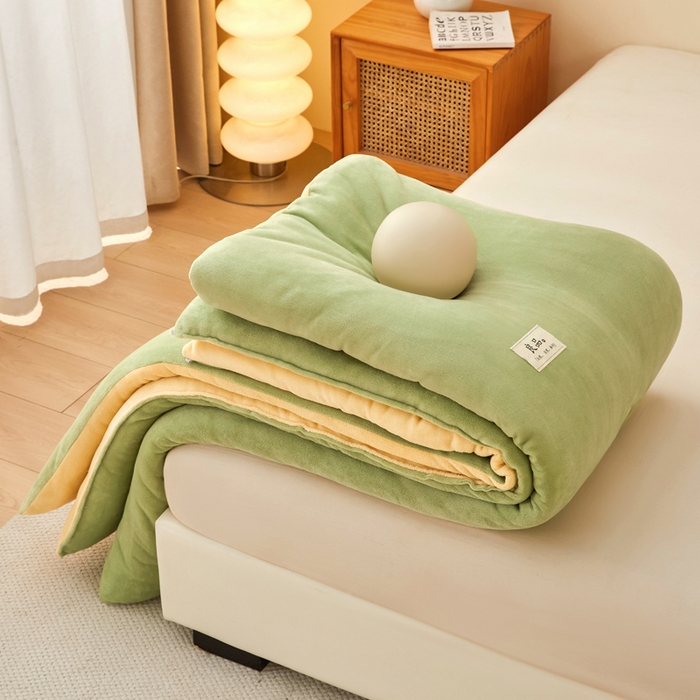 91家纺网 家纺一手货源 找家纺 牛魔王家居 2024新款双面牛奶绒加厚冬被被子被芯填充(白丝棉） 果绿+奶黄