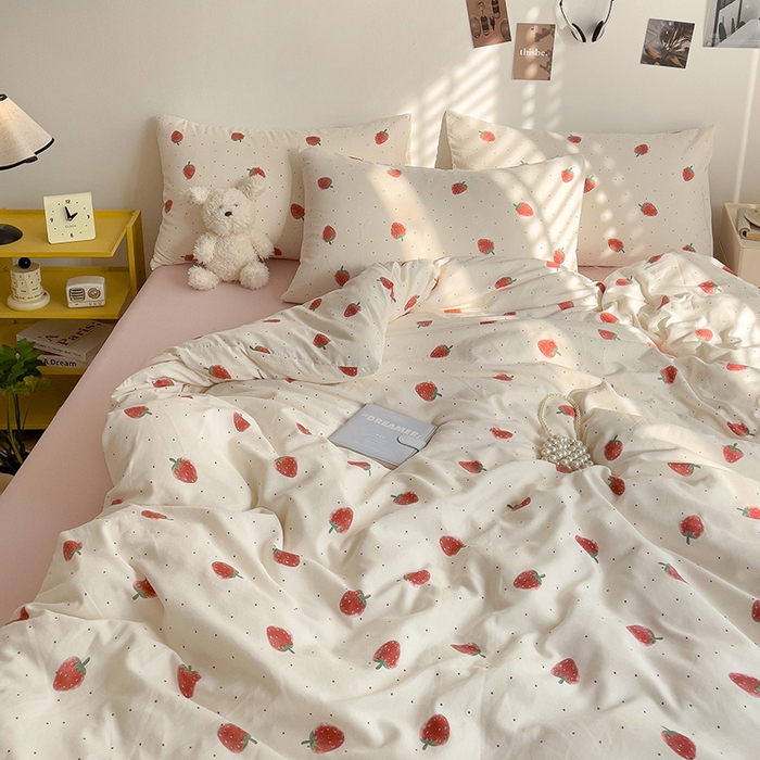 91家纺网 家纺一手货源 找家纺 尤米 2025新款有氧针织双层纱四件套 草莓啵啵