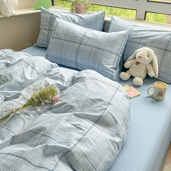 91家纺网 家纺一手货源 找家纺 柠馨 2025新款13372全棉印花四件套无印风系列 海蓝