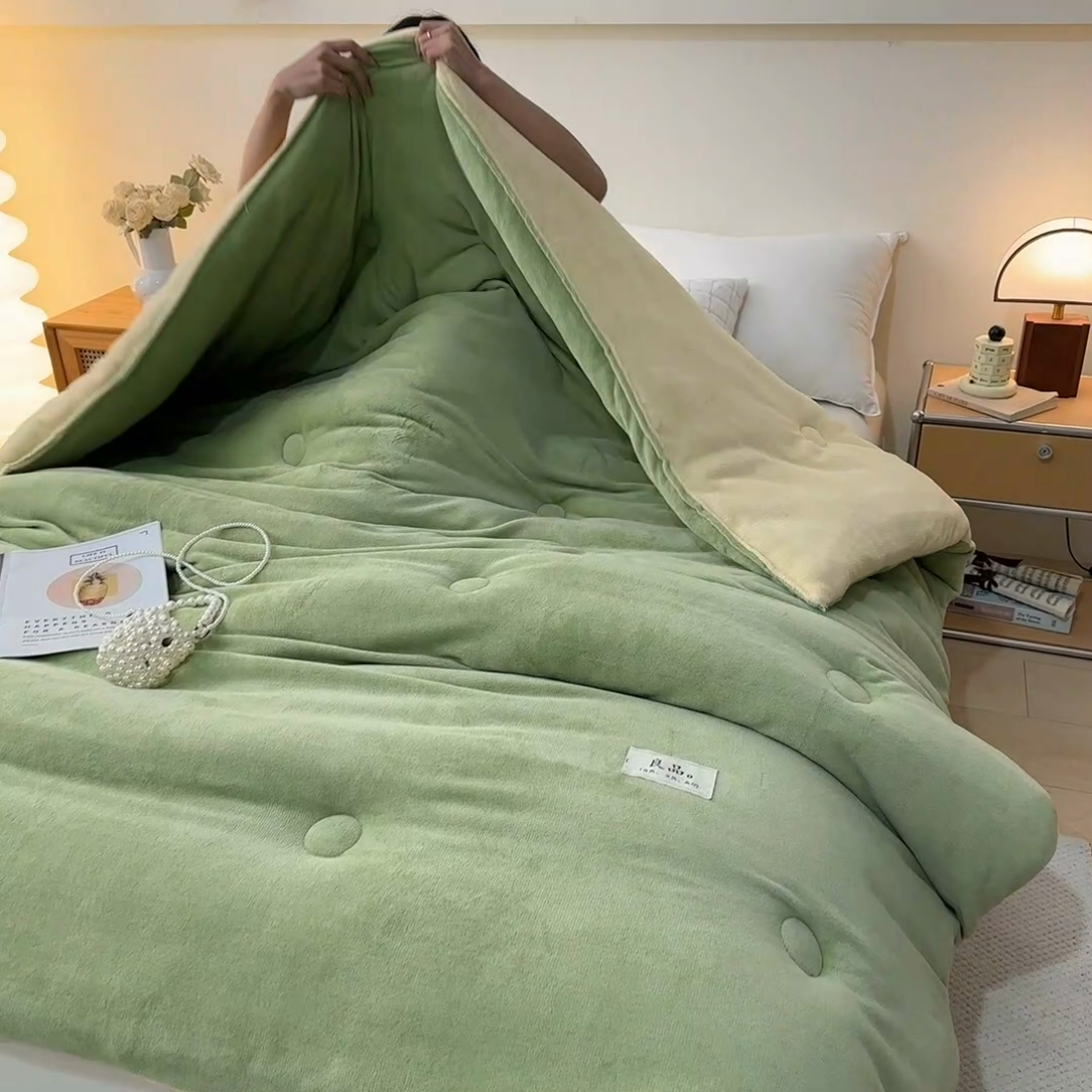 91家纺网 家纺一手货源 找家纺 牛魔王家居 2024新款双面牛奶绒加厚冬被被子被芯填充(白丝棉） 果绿+奶黄