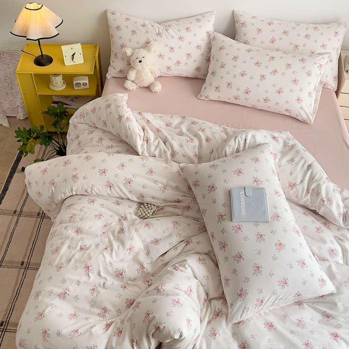 91家纺网 家纺一手货源 找家纺 尤米 2025新款有氧针织双层纱四件套 白桃夭夭