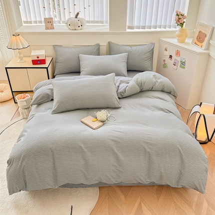 柠馨 2025新款13372全棉印花四件套无印风系列 灰细条