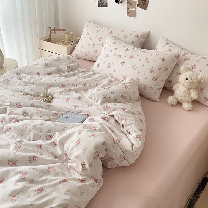 91家纺网 家纺一手货源 找家纺 尤米 2025新款有氧针织双层纱四件套 白桃夭夭