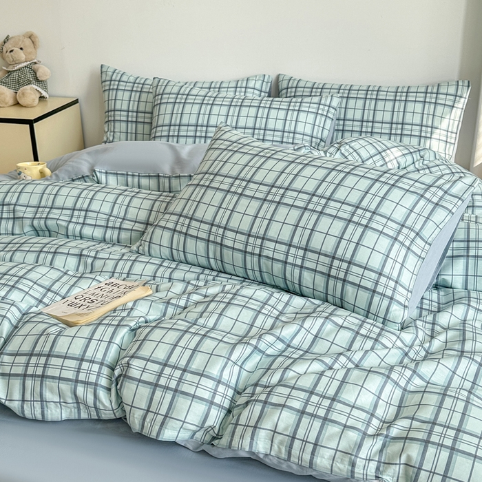 91家纺网 家纺一手货源 找家纺 柠馨 2025新款13372全棉印花四件套无印风系列 窗格绿