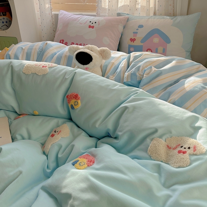 91家纺网 家纺一手货源 找家纺 美乐迪家纺 2025新款全棉绣花四件套 小狗派对