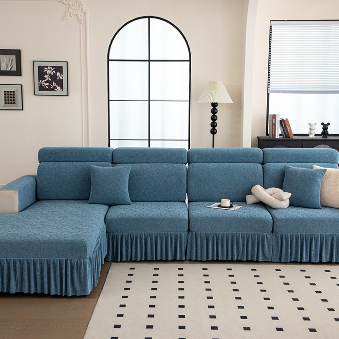 91家纺网 家纺一手货源 找家纺 沐沐家纺 2026新款小树叶裙边沙发笠 孔雀蓝