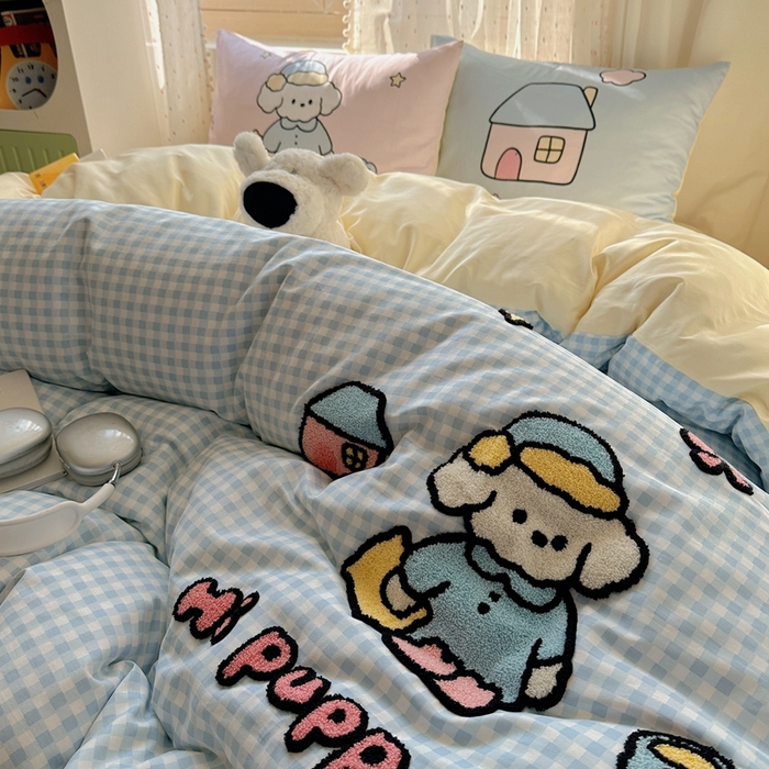 91家纺网 家纺一手货源 找家纺 美乐迪家纺 2025新款全棉绣花四件套 晚安狗狗