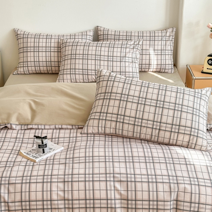 91家纺网 家纺一手货源 找家纺 柠馨 2025新款13372全棉印花四件套无印风系列 窗格粉