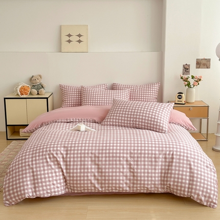 柠馨 2025新款13372全棉印花四件套无印风系列 粉小格