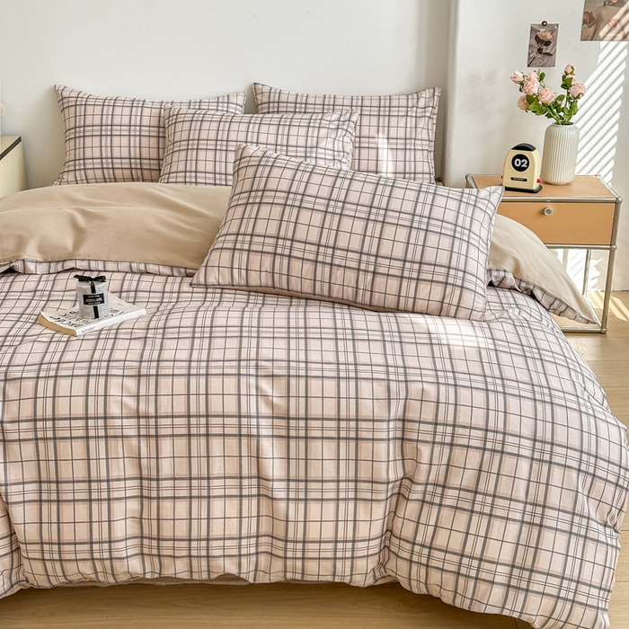 91家纺网 家纺一手货源 找家纺 柠馨 2025新款13372全棉印花四件套无印风系列 窗格粉