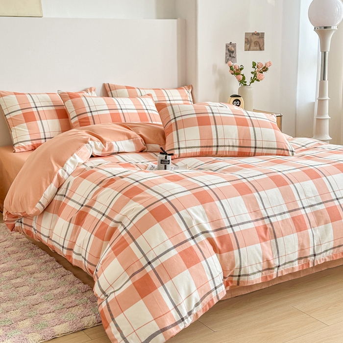 91家纺网 家纺一手货源 找家纺 柠馨 2025新款13372全棉印花四件套无印风系列 橙色大格