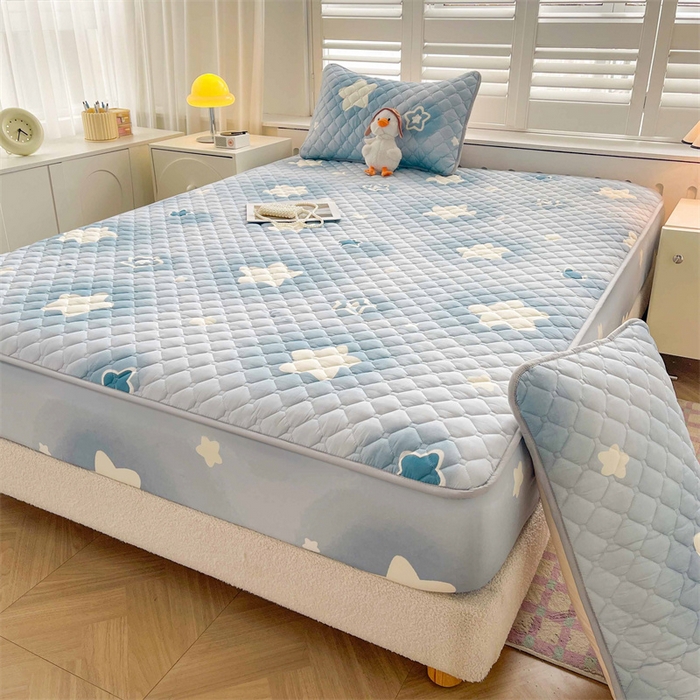 91家纺网 家纺一手货源 找家纺 【高克重加厚】雯豆 新品磨毛夹棉床笠印花水洗棉床笠三件套床垫保护罩 星光灿烂