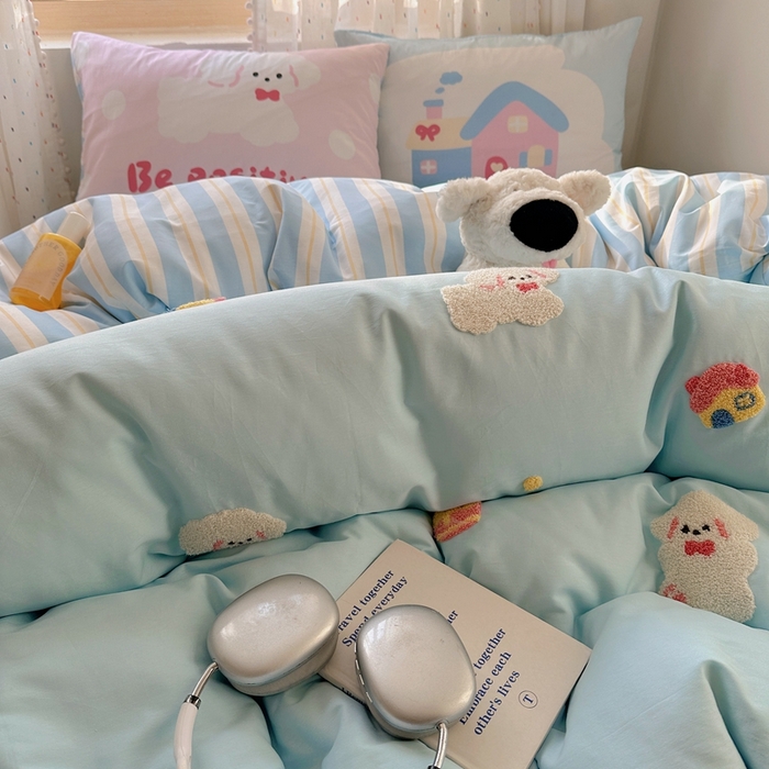 91家纺网 家纺一手货源 找家纺 美乐迪家纺 2025新款全棉绣花四件套 小狗派对