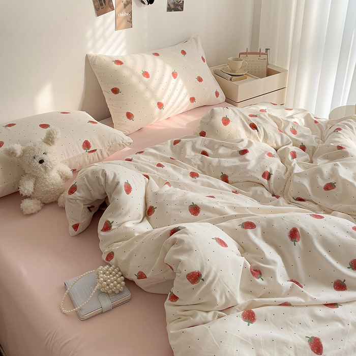 91家纺网 家纺一手货源 找家纺 尤米 2025新款有氧针织双层纱四件套 草莓啵啵