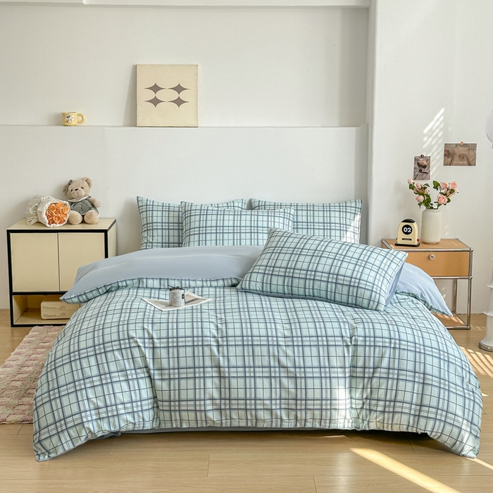 91家纺网 家纺一手货源 找家纺 柠馨 2025新款13372全棉印花四件套无印风系列 窗格绿