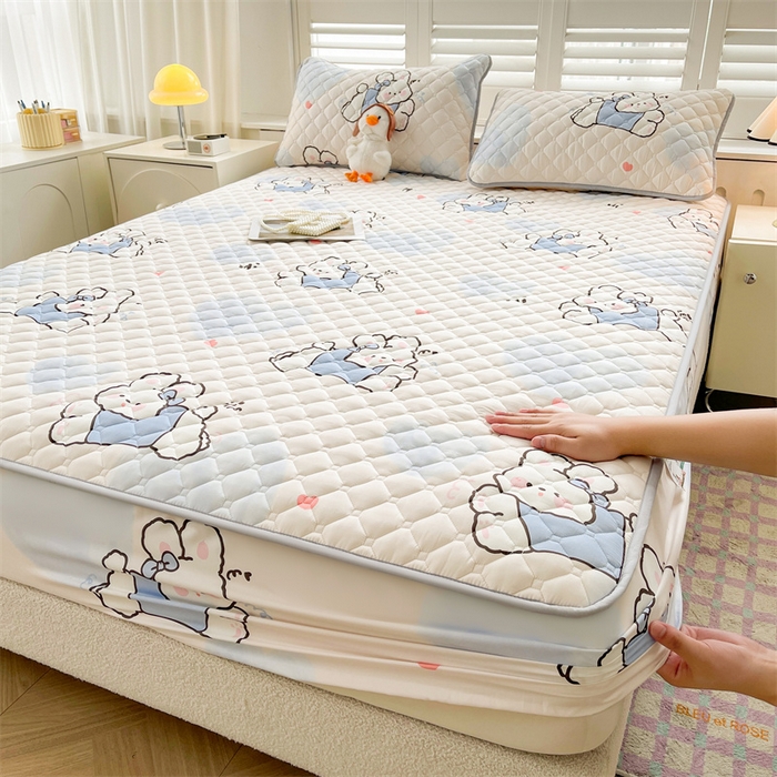 91家纺网 家纺一手货源 找家纺  【高克重加厚】雯豆 新品磨毛夹棉床笠印花水洗棉床笠三件套床垫保护罩 流氓兔