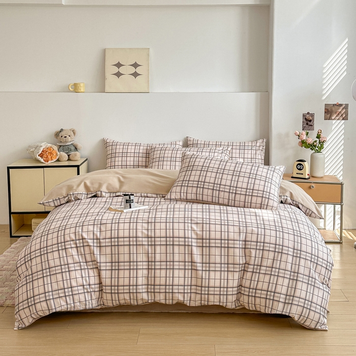 91家纺网 家纺一手货源 找家纺 柠馨 2025新款13372全棉印花四件套无印风系列 窗格粉