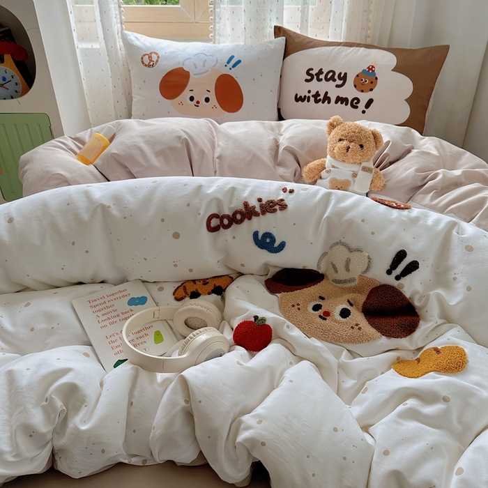 91家纺网 家纺一手货源 找家纺 美乐迪家纺 2025新款全棉绣花四件套 厨师狗狗