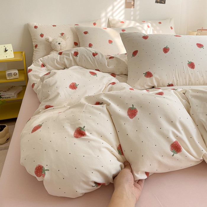 91家纺网 家纺一手货源 找家纺 尤米 2025新款有氧针织双层纱四件套 草莓啵啵