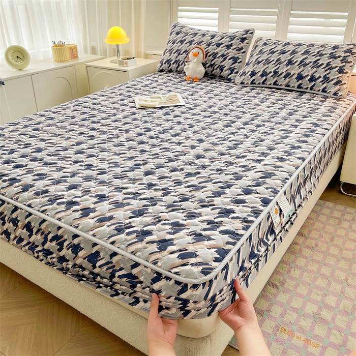 91家纺网 家纺一手货源 找家纺 【高克重加厚】雯豆 新品磨毛夹棉床笠印花水洗棉床笠三件套床垫保护罩 千鸟格