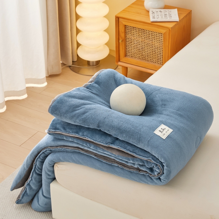 91家纺网 家纺一手货源 找家纺 牛魔王家居 2024新款双面牛奶绒加厚冬被被子被芯填充(白丝棉） 蓝+灰