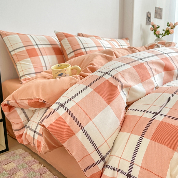 91家纺网 家纺一手货源 找家纺 柠馨 2025新款13372全棉印花四件套无印风系列 橙色大格