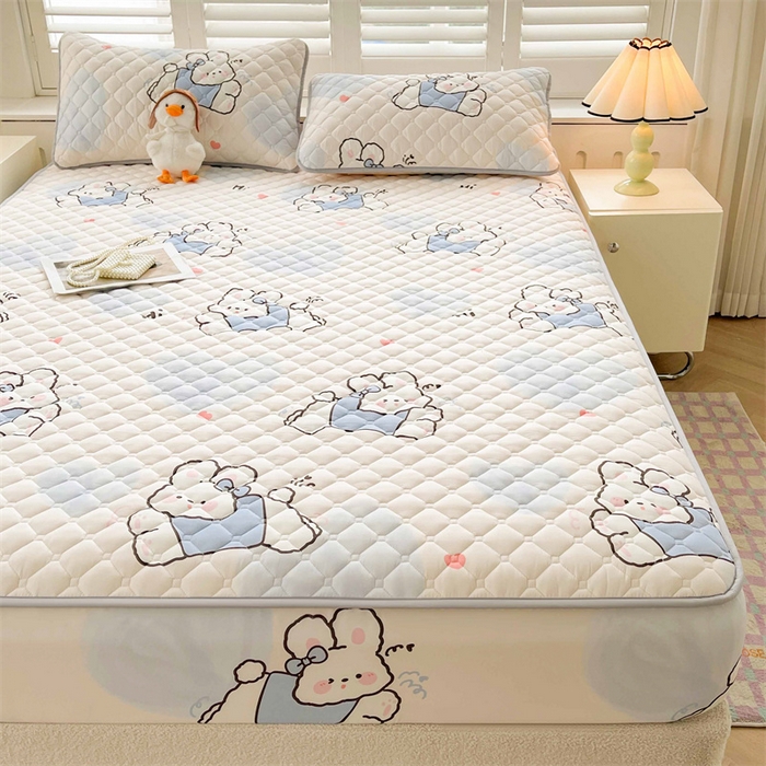 91家纺网 家纺一手货源 找家纺  【高克重加厚】雯豆 新品磨毛夹棉床笠印花水洗棉床笠三件套床垫保护罩 流氓兔