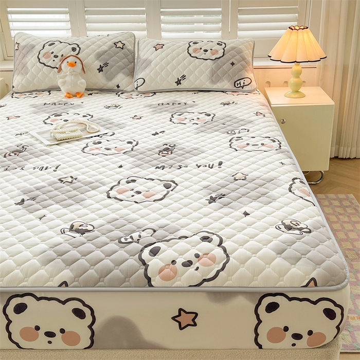 91家纺网 家纺一手货源 找家纺 【高克重加厚】雯豆 新品磨毛夹棉床笠印花水洗棉床笠三件套床垫保护罩 豆豆熊