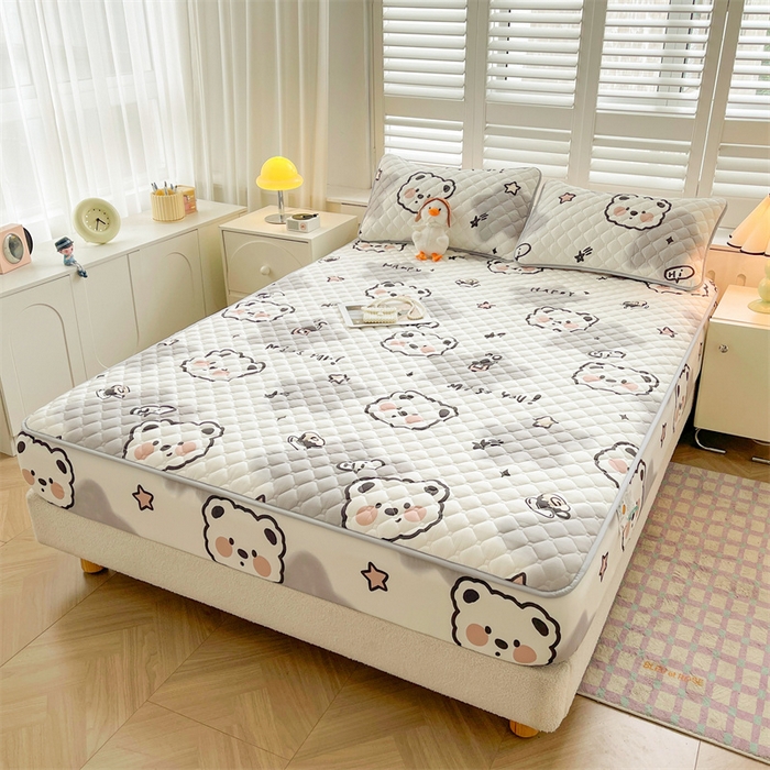 91家纺网 家纺一手货源 找家纺 【高克重加厚】雯豆 新品磨毛夹棉床笠印花水洗棉床笠三件套床垫保护罩 豆豆熊