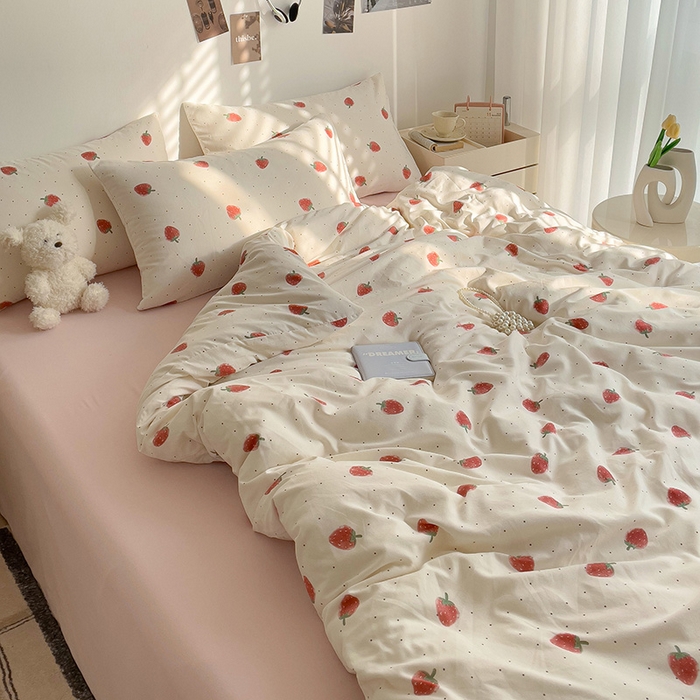 91家纺网 家纺一手货源 找家纺 尤米 2025新款有氧针织双层纱四件套 草莓啵啵