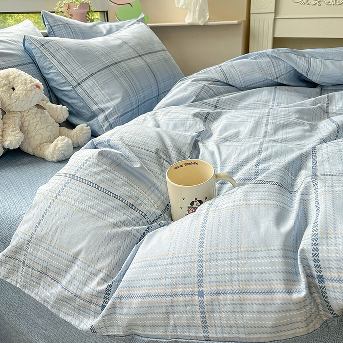 91家纺网 家纺一手货源 找家纺 柠馨 2025新款13372全棉印花四件套无印风系列 海蓝