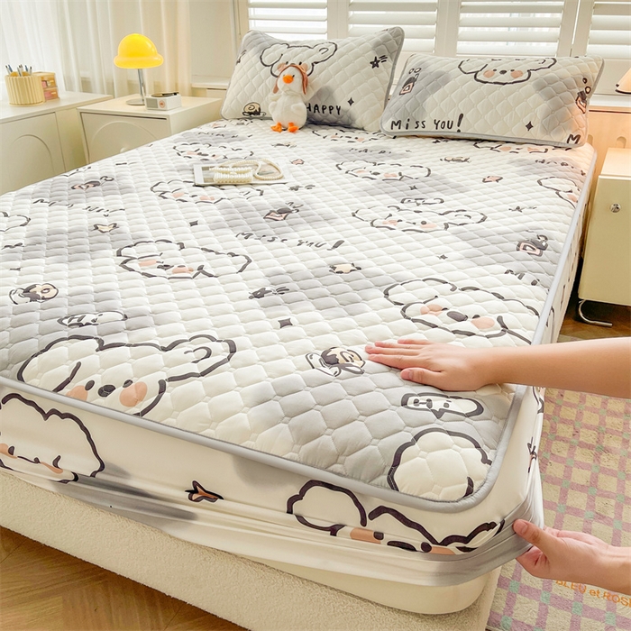 91家纺网 家纺一手货源 找家纺 【高克重加厚】雯豆 新品磨毛夹棉床笠印花水洗棉床笠三件套床垫保护罩 多乐